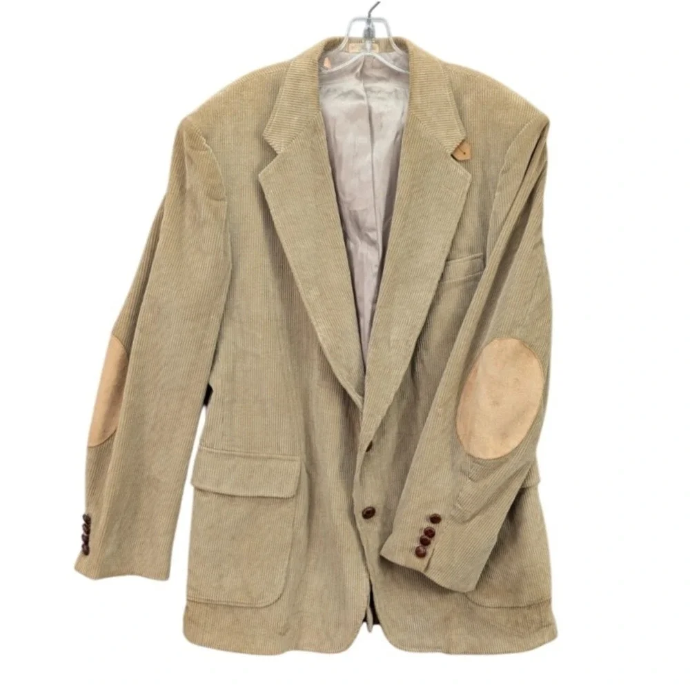 Brookford Corduroy Blazer Jacket Mens Size 44L Faux Suede Elbow Patch Tan Vtg